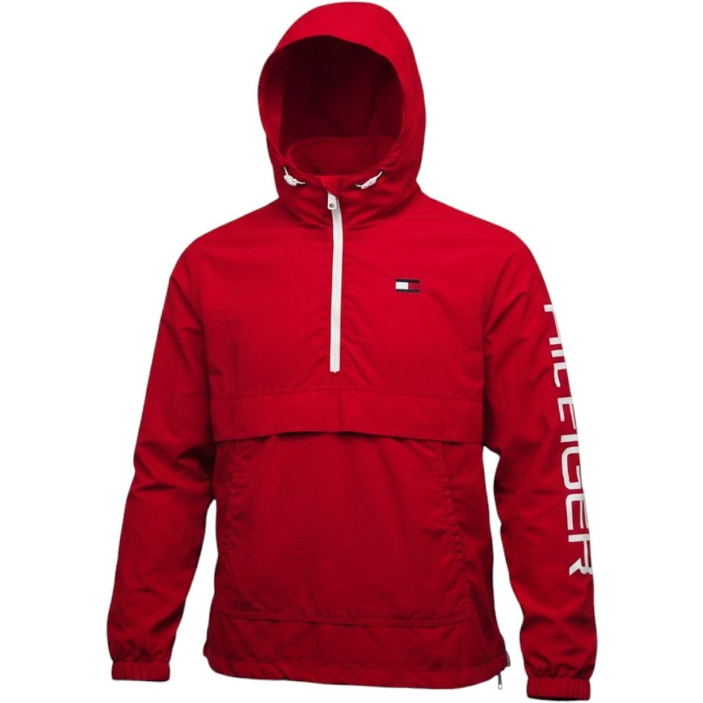 Tommy Hilfiger Mens Red Quarter Zip Windbreaker Hooded Jacket Pouch Pocket